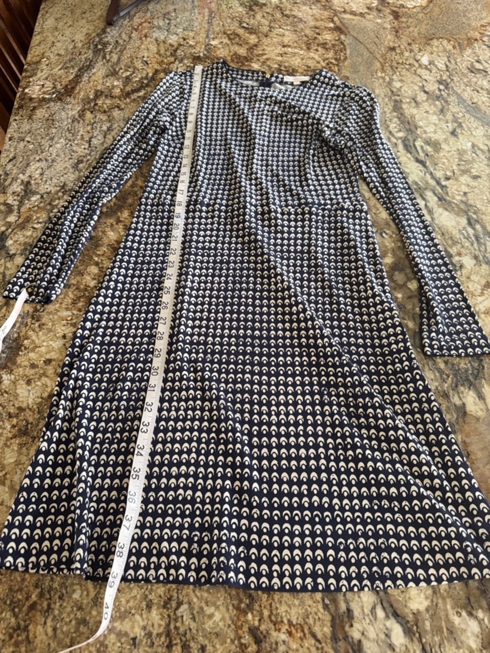 Tory Burch Navy and White Long-Sleeve Printed A-Line Dress